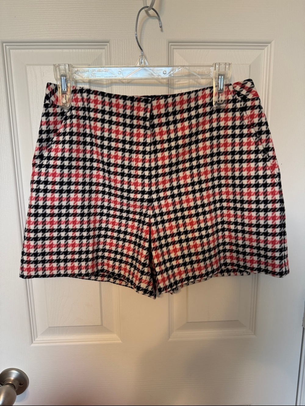 Trina Turk Black, White & Red Houndstooth High-Waist Shorts